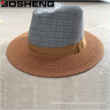 Wholesale Flat Brim Straw Fedora Sun Hat with Fabric Crown